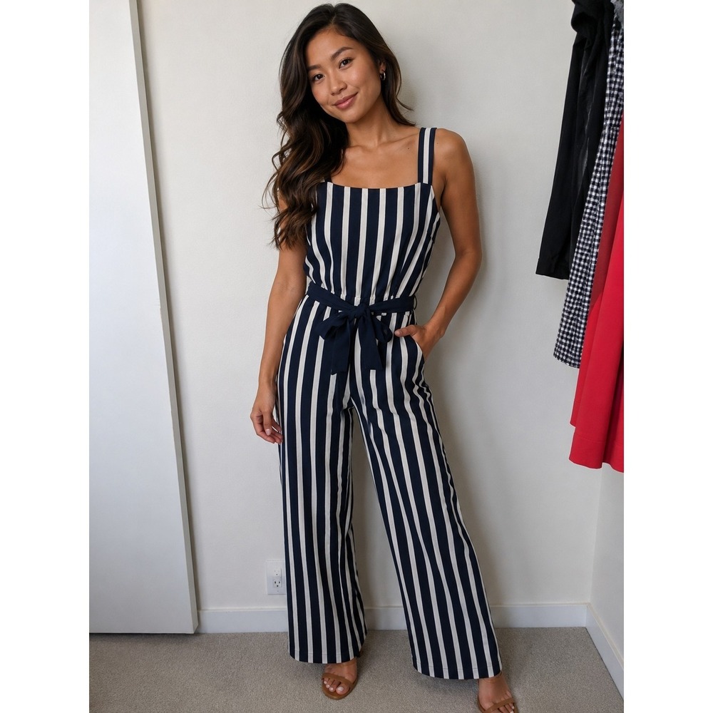 J. Crew Knit tie-waist striped jumpsuit Navy and White Size 4 Boho Y2k LagenLook